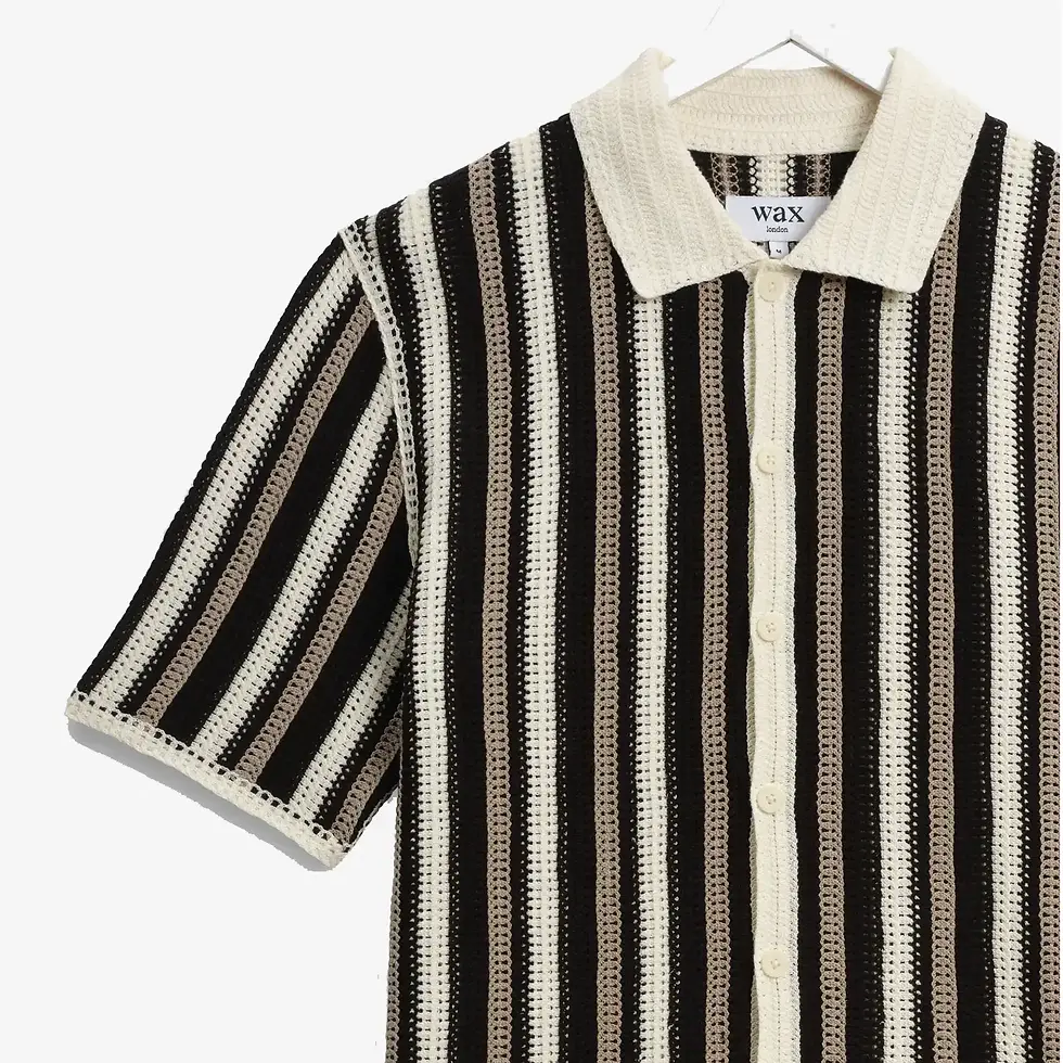 Thumbnail: Wax London Porto Stripe Crochet Knitted Shirt in ecru and black on hanger right shoulder detail