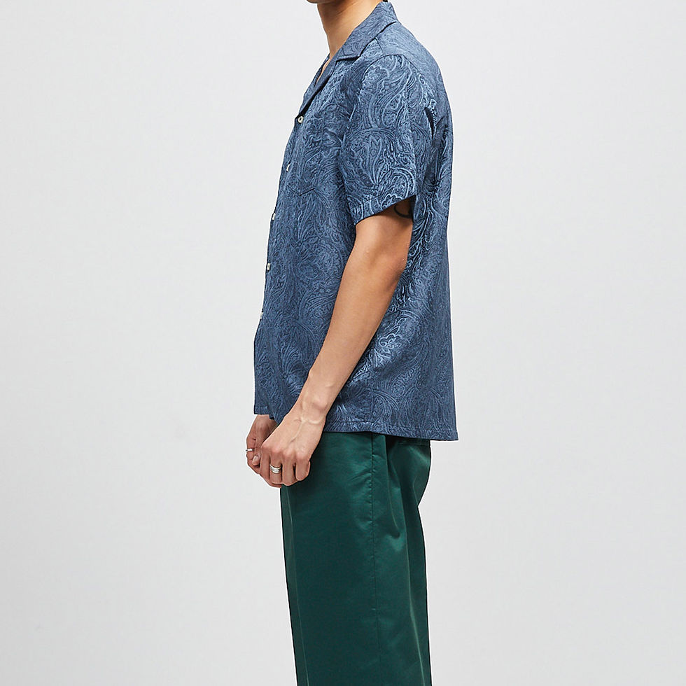 Lite Year Short Sleeve Camp Collar Shirt in paisley blue on model side