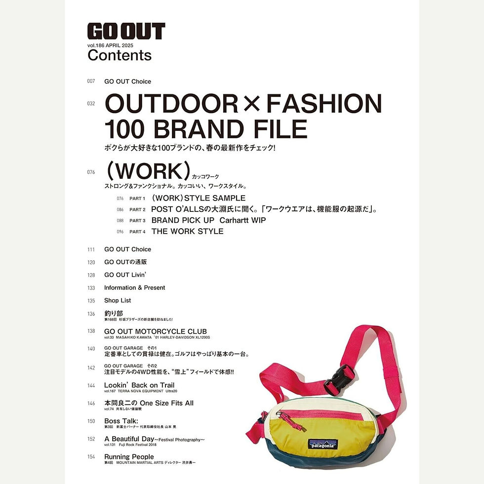 Go Out Magazine Japan April 2025 vol 186 2025 Spring New Arrivals Issue table of contents