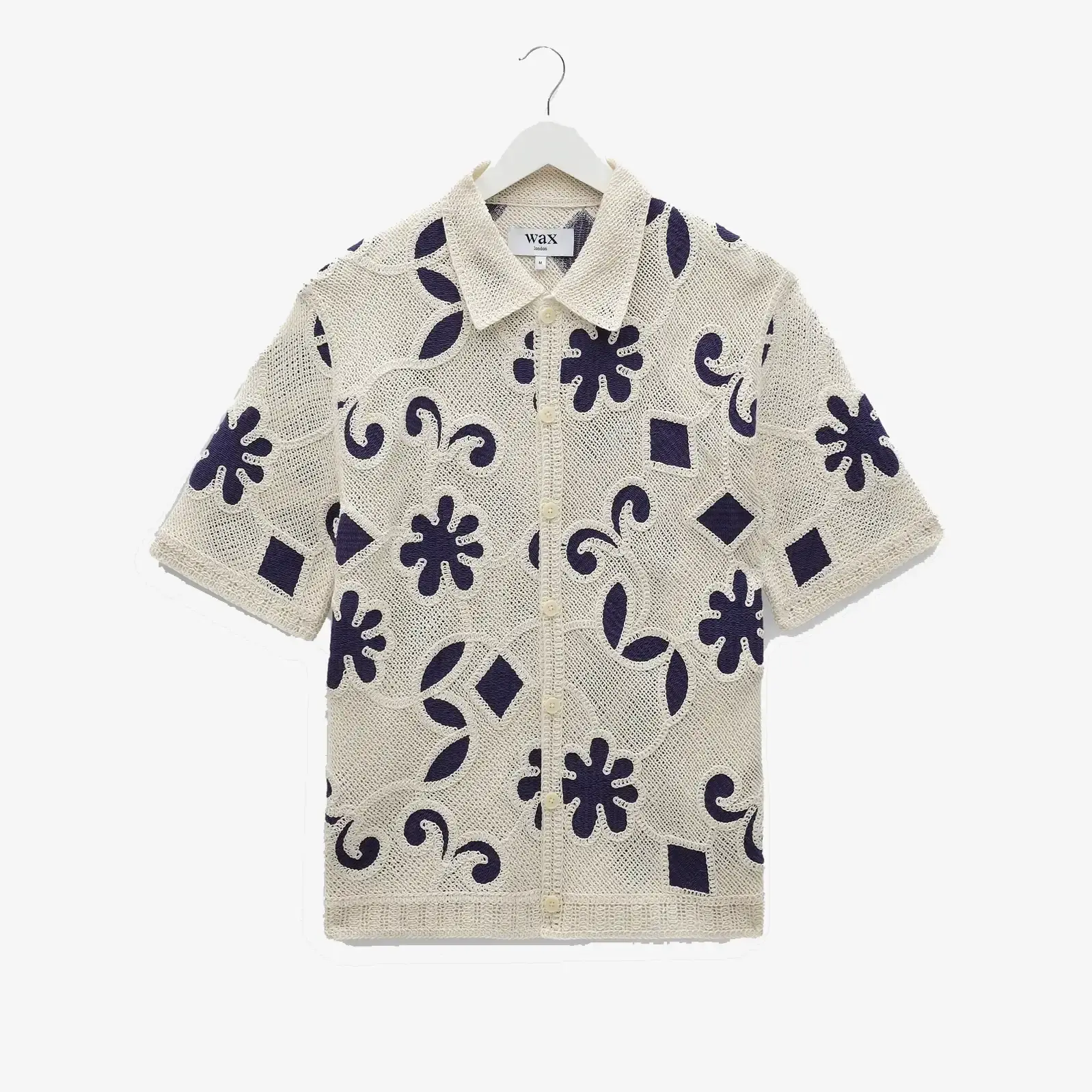 Wax London Porto Doodle Crochet Knitted Shirt in ecru and navy front flat lay
