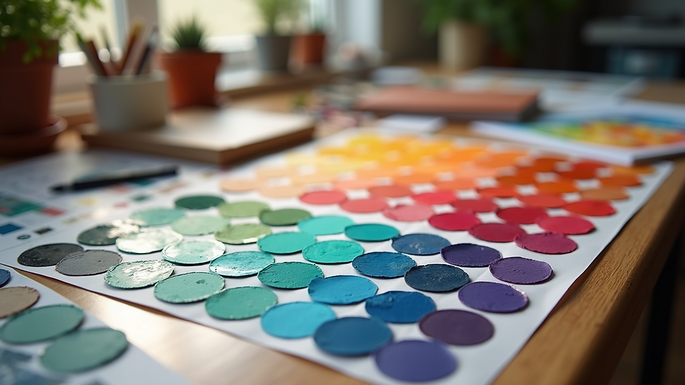 High angle view of a vibrant color palette on a designer's workspace