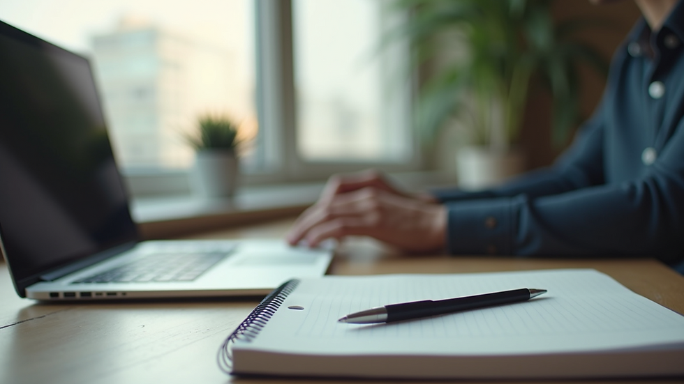 Wide angle view of a laptop and notebook on a desk