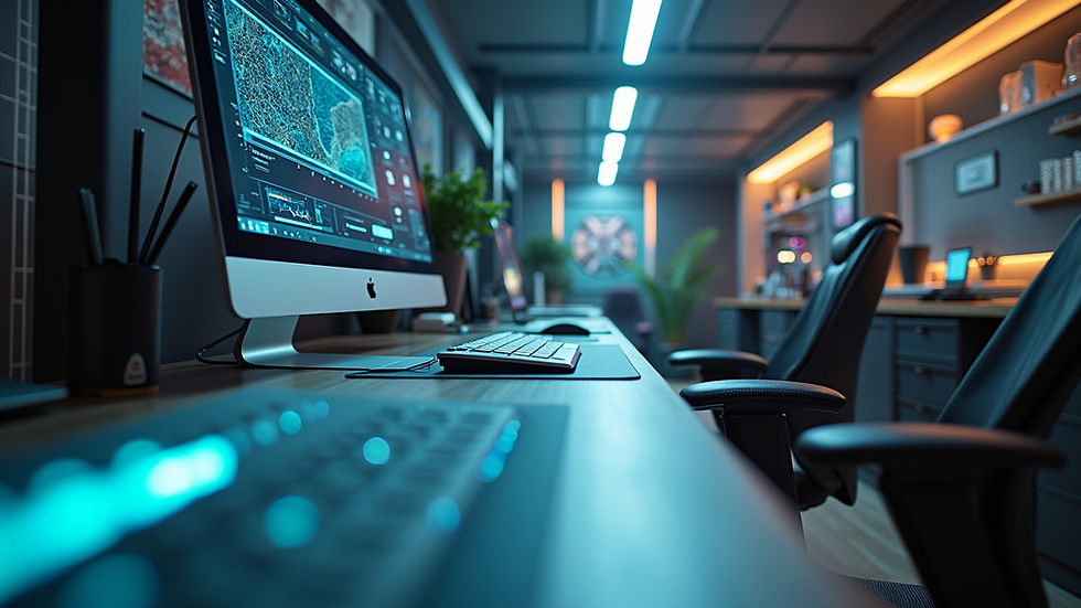 High angle view of a futuristic workspace with digital design tools