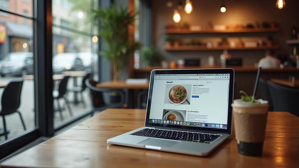 High angle view of a coffee shop's interior featuring a laptop and an open website