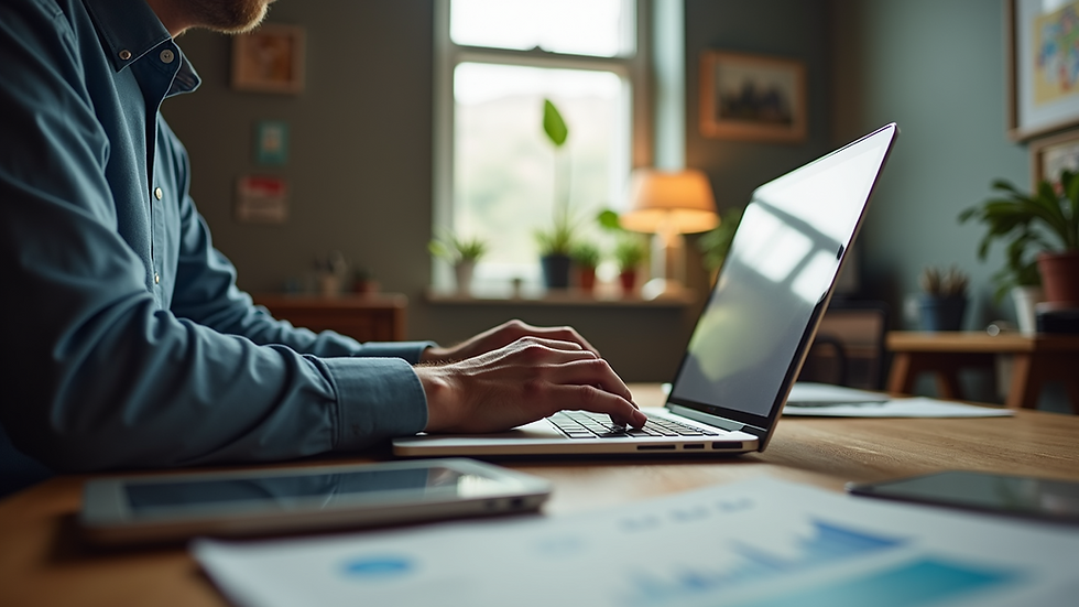 Eye-level view of a designer working on a laptop in a creative studio