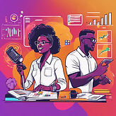 On a colourful background, Image of one black woman on the left and a man on the right pre