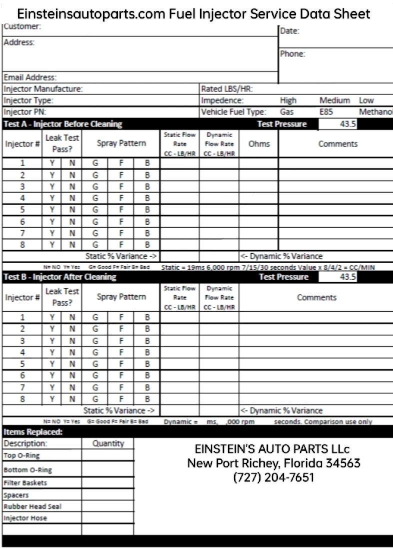 Fuel Injector Cleaning and Test result Sheet