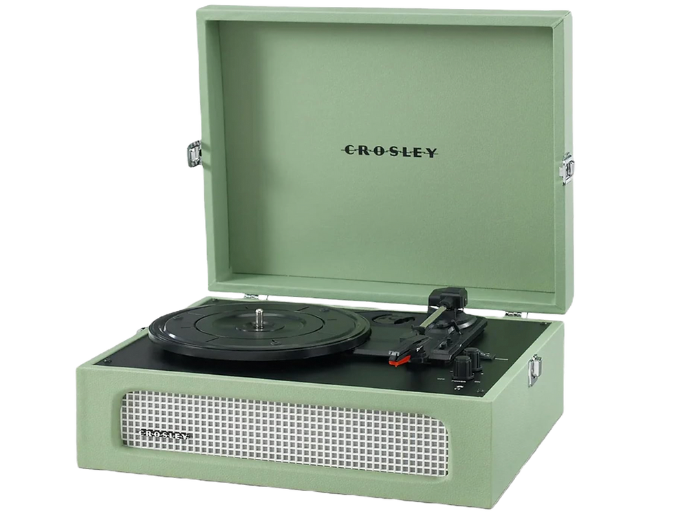 Crosley portable record player in sage green, a stylish Father's Day gift for dads who love vinyl