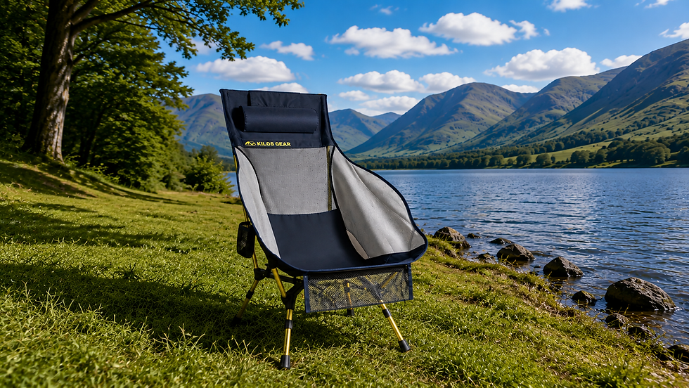 Kilos GrandPeak high-back camping chair set up on grass with a lake and fells behind