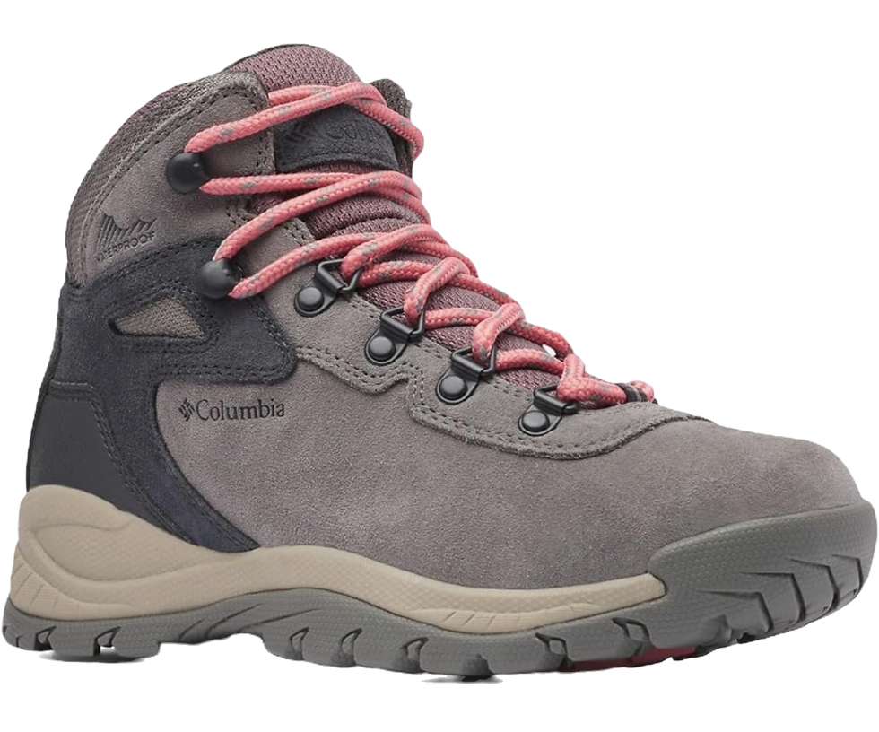 Columbia Newton Ridge Plus waterproof hiking boot in pink and grey leather, classic mid-rise women's hiking boot