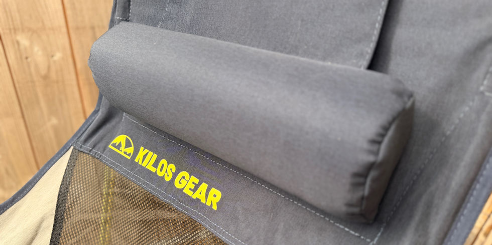 seat fabric showing the Kilos Gear logo on the GrandPeak chair