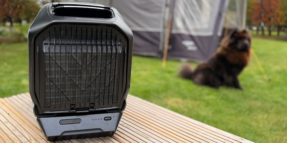 EcoFlow WAVE 3 portable air conditioner on decking with drive-away awning in background