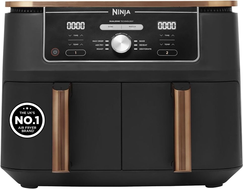 Ninja dual zone air fryer with two drawers on a kitchen counter