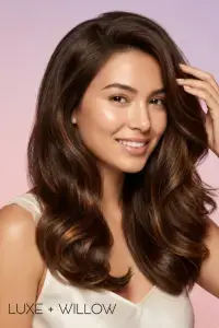 Thumbnail: Woman with voluminous glossy blowout showing results of Luxe + Willow Volumizing Extra Long 1.5 inch Thermal Brush.