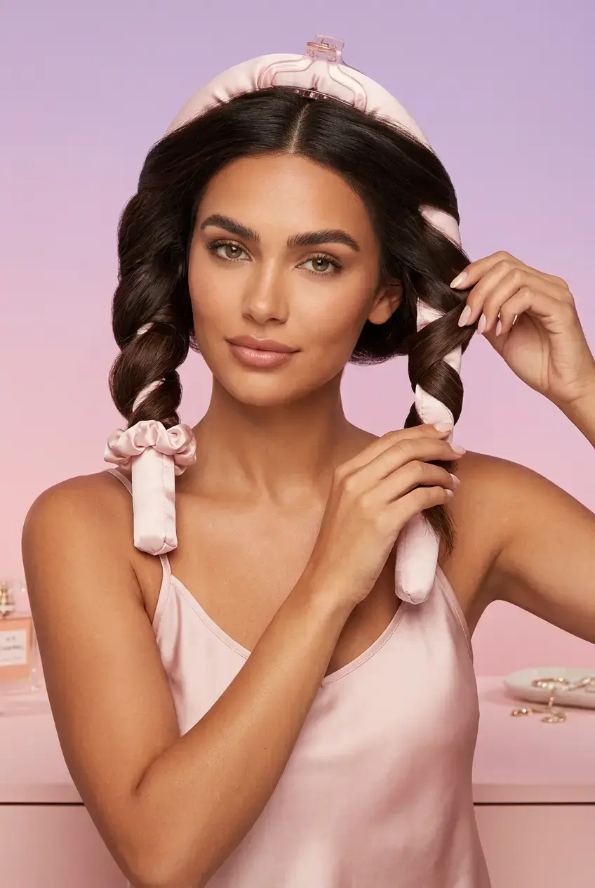 Thumbnail: Woman wrapping hair around Luxe + Willow Satin Heatless Curler Set with scrunchies secured.