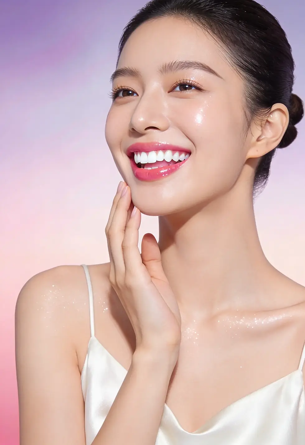 Thumbnail: Woman with bright white clean teeth showing results of Luxe + Willow BIO Uproot Rechargeable Cordless Water Flosser oral care