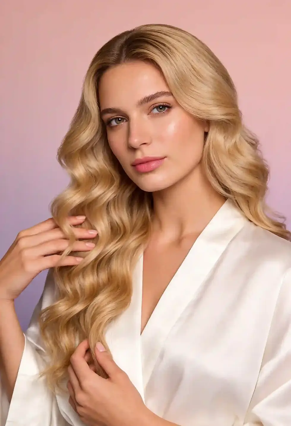 Thumbnail: Blonde woman with glamorous glossy barrel waves showing results of Luxe + Willow Triple Barrel Waver.