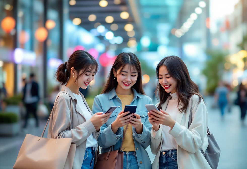 Asian consumers explore online shopping deals using their smartphones.