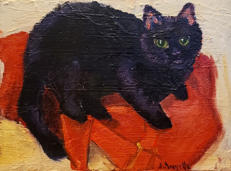 Painting of. a black cat laying on a red blanket.