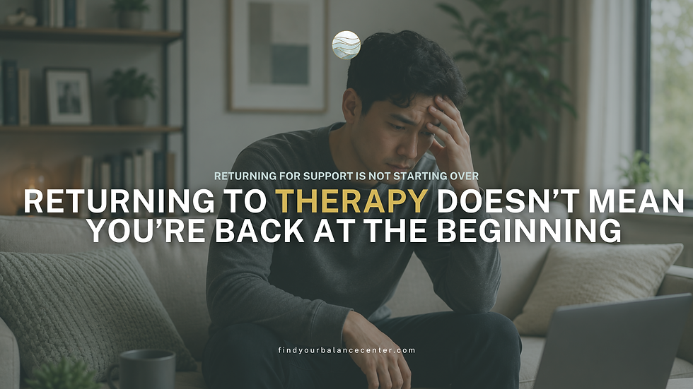 Man sitting on a couch with one hand on his forehead, looking overwhelmed while reflecting on personal challenges and considering returning to therapy for support.