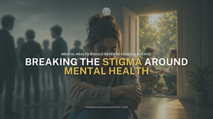 woman sitting alone while others talk in the background, representing mental health stigma and isolation