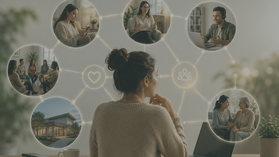 Person looking at a connected mental health care network showing therapy, support groups, telehealth, community care, and provider support.