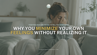 Woman sitting on a bed with her eyes closed and hand on her face, representing emotional exhaustion and minimized feelings.