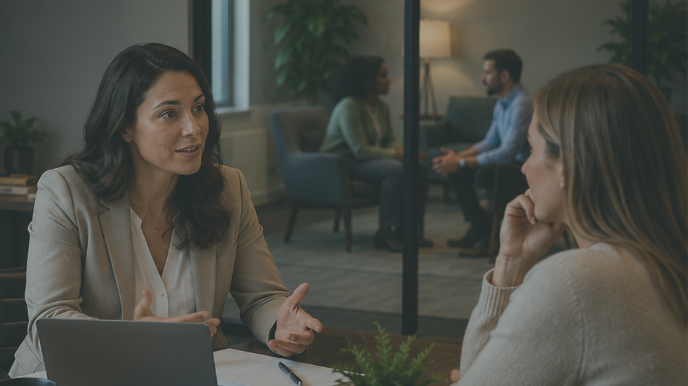 Mental health professionals collaborating in a modern therapy and administrative setting, illustrating ethical profitability through client-centered care, clinician support, expanded access to services, and sustainable organizational growth.