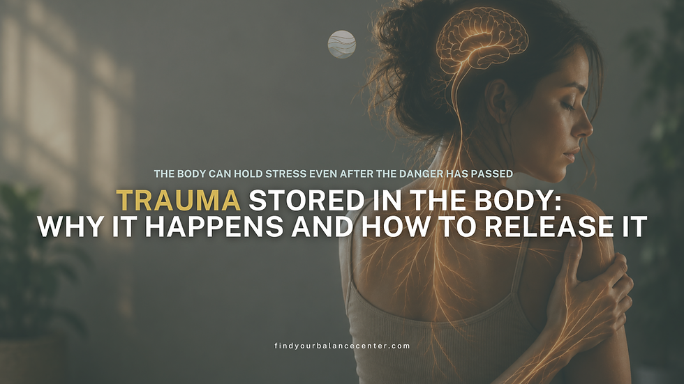 Woman holding her shoulder while glowing nervous system pathways illustrate how trauma can affect the body and brain