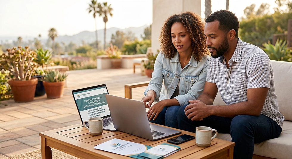 Couple on patio reviewing laptop with Couples Therapy California insurance coverage; mugs and phone on table, calm mood.
