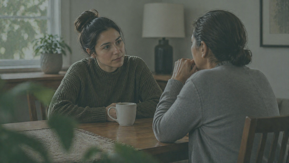 Adult daughter having a calm and thoughtful conversation with her parent about mental health and therapy in a warm home setting.