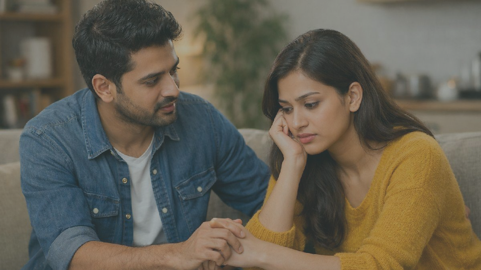 Couple navigating relationship stress and emotional patterns during a major life transition.