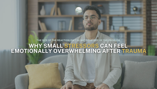 Man sitting calmly on a couch practicing mindfulness and nervous system regulation to manage stress and emotional overwhelm after trauma.