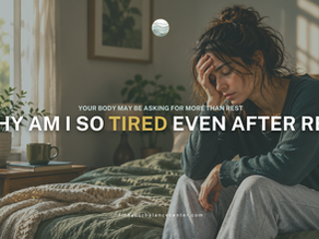 Woman sitting on the edge of a bed looking exhausted and emotionally drained despite resting, illustrating chronic fatigue, burnout, anxiety, and emotional exhaustion.