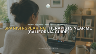 Woman attending a virtual therapy session with a Spanish-speaking therapist through telehealth from home in California.