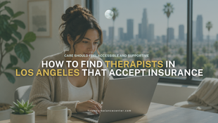 Woman using a laptop at home while searching for therapists in Los Angeles that accept insurance through telehealth services.