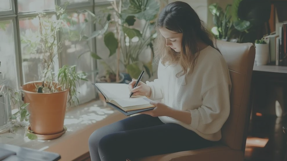 Woman journaling by a window as she reflects on her emotions and personal growth.