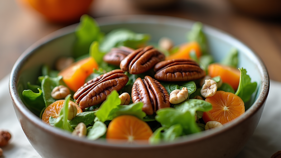 Eye-level view of a bowl of salad topped with pecans