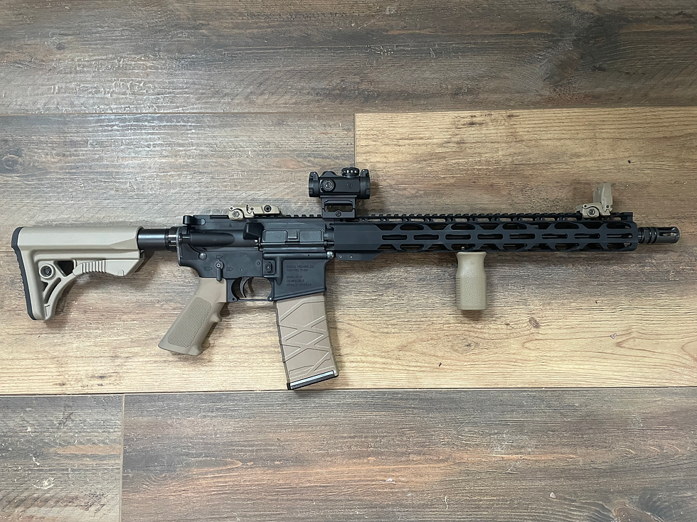 Radical Firearms AR15 in FDE Cerakote with Red dot, Magpul sights, butt stock, and handgrip