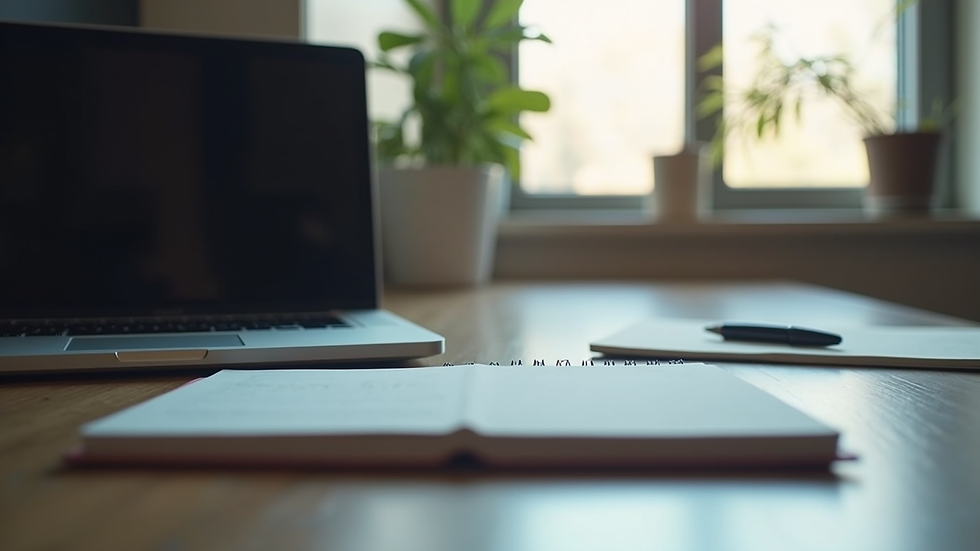 Eye-level view of a modern workspace with a laptop and a notebook