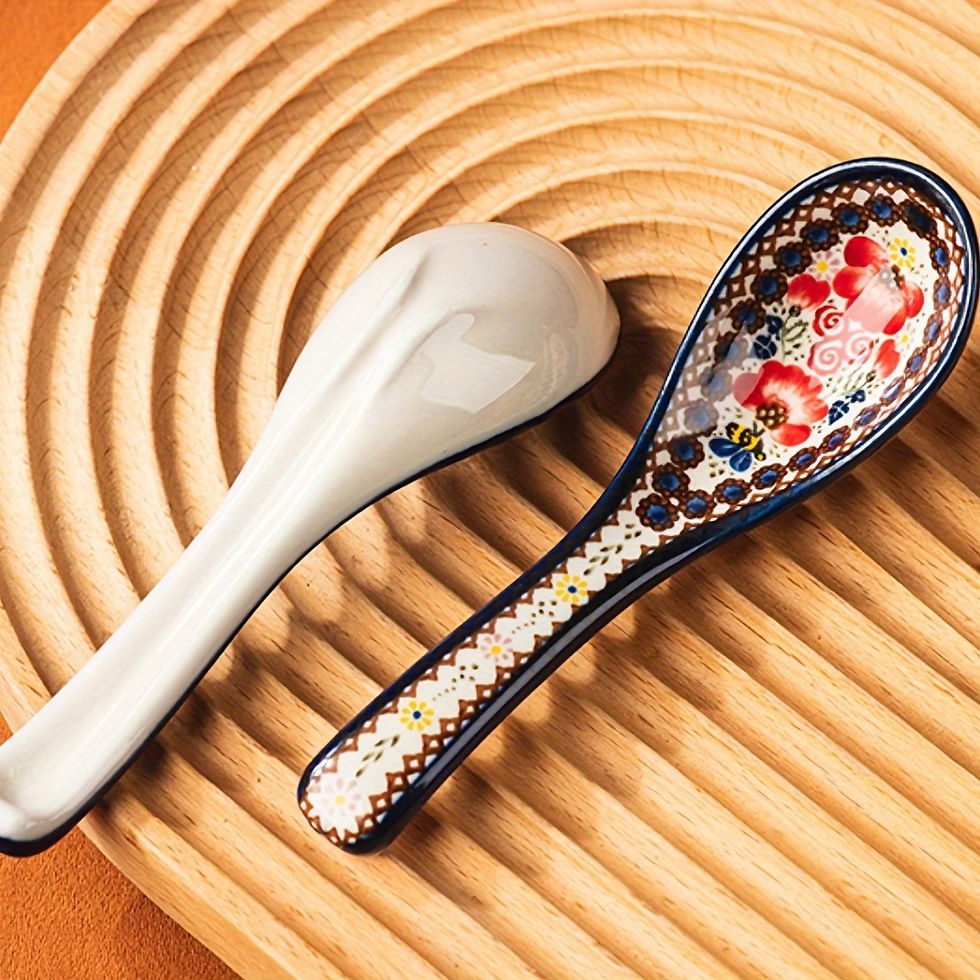 Thumbnail: Polish Ceramic Dessert Spoons Set of 4, Traditional Hand-Painted Floral Design,