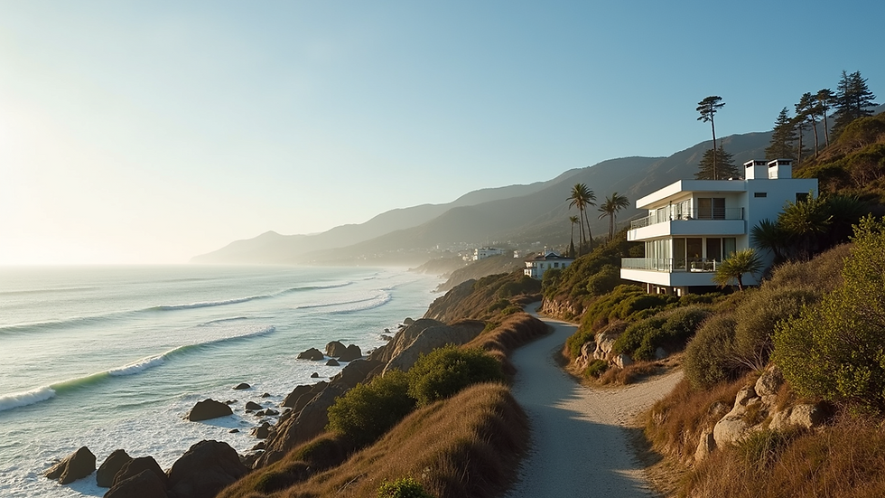 Wide angle view of Malibu coastline with a coastal residence