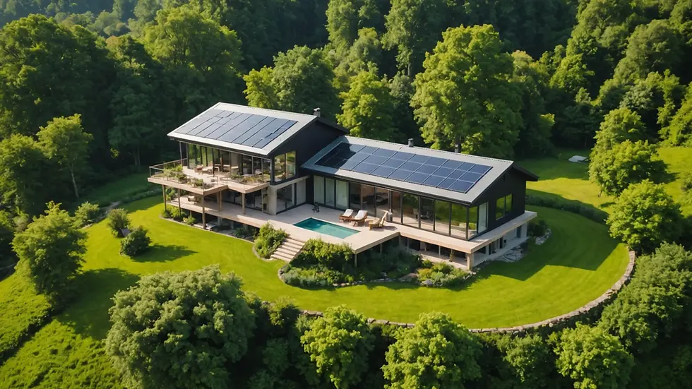 High angle view of a sustainable home surrounded by nature