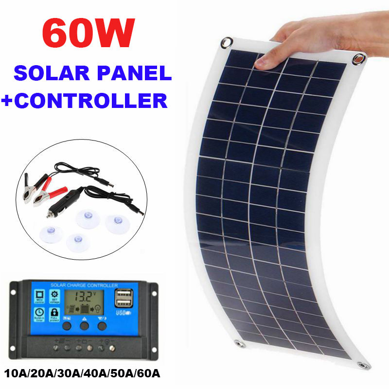 Thumbnail: Solar Panel 60W 12V DualUSB Output Solar Cells Poly Solar Panel 10/20/30/40/50/6
