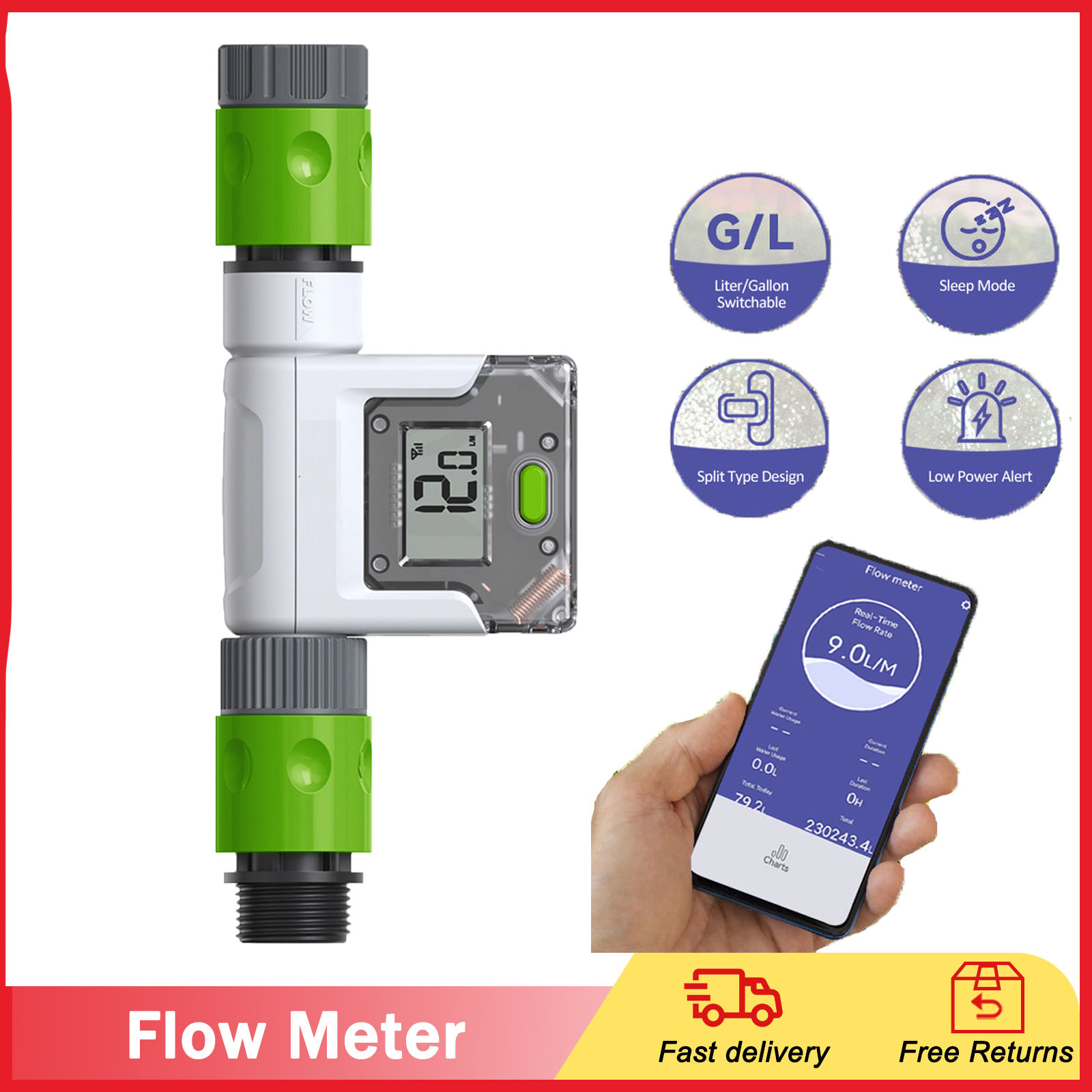 Wi-Fi Water Flow Meter for Garden Hose Smart Water Meter with 4 Flow Modes Real-