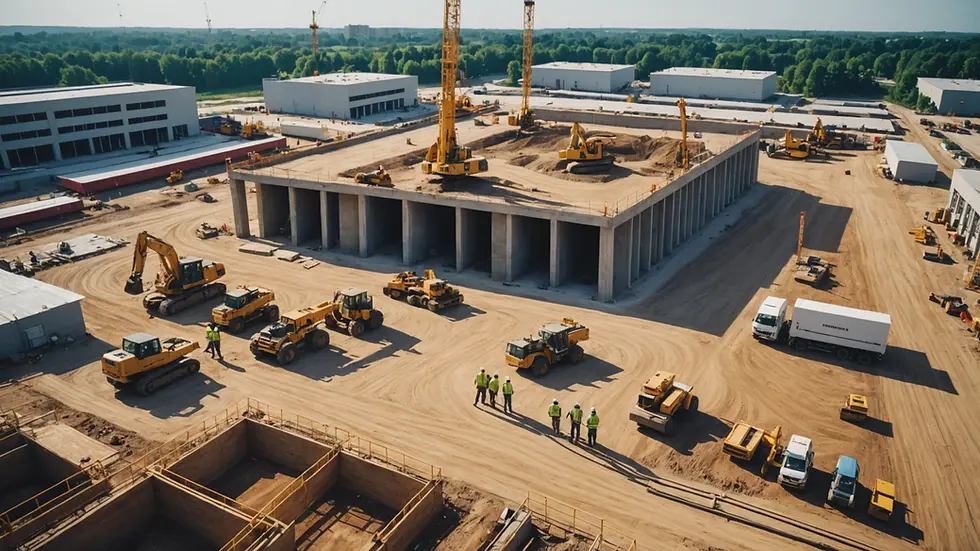 Wide angle view of a construction site with workers collaborating over plans