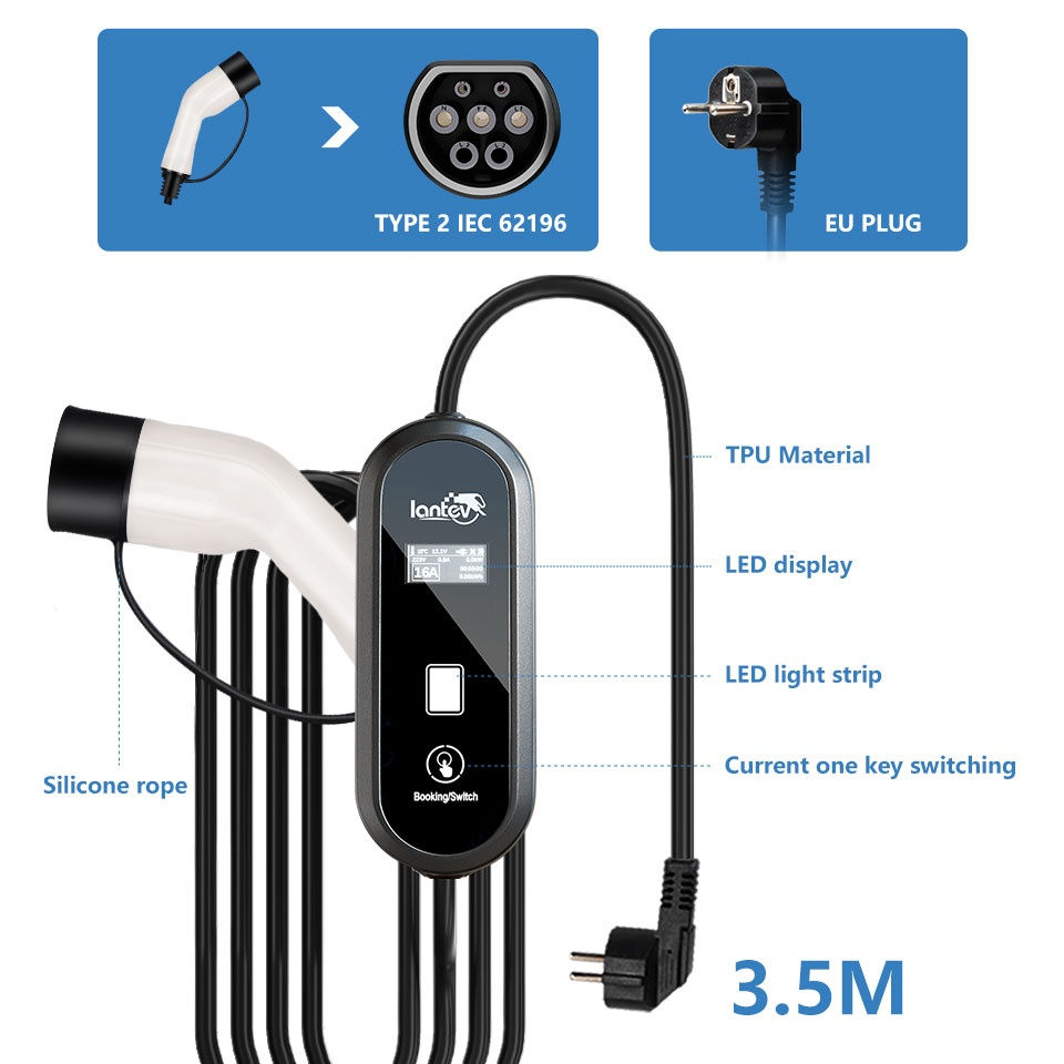 Thumbnail: Iantev Portable EV Charger Type2 IEC62196-2 EVSE Fast Charging Cable Type1 SAE J