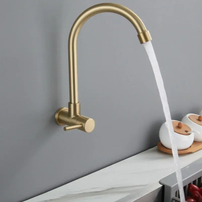 Thumbnail: Kitchen Sink Faucet Tap Stainless Steel 304 Brushed Gold Wall Mounted Water Tap