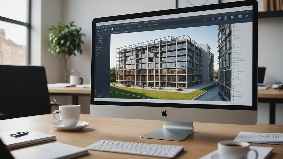 Eye-level view of a BIM model displayed on a computer screen during a project meeting