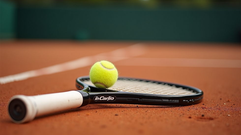 Close-up view of a tennis racket lying on clay courts